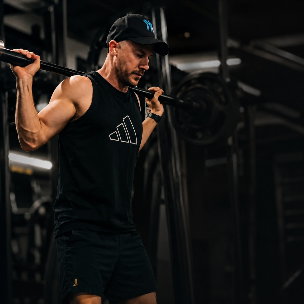 Andress Moreira treinando com barra em academia com iluminação dramática